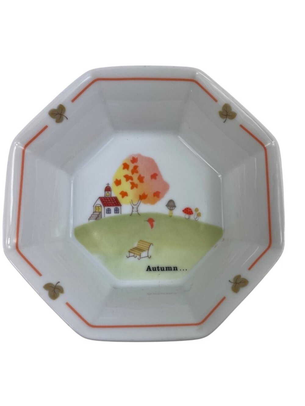 Narumi China 5" Vintage Octagonal Ceramic Bowl With Autumn Scene & Gold Accents